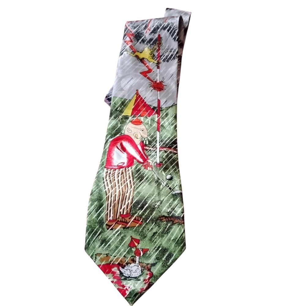 Fratello Mens Golf Novelty Tie Grey Green Red Humorous Golfer Rain Lightning
